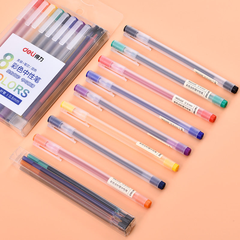 DELI 8-Farben-Gel-Tintenstift mit 8 Ersatzminen, 0,5-mm-Nadelspitze