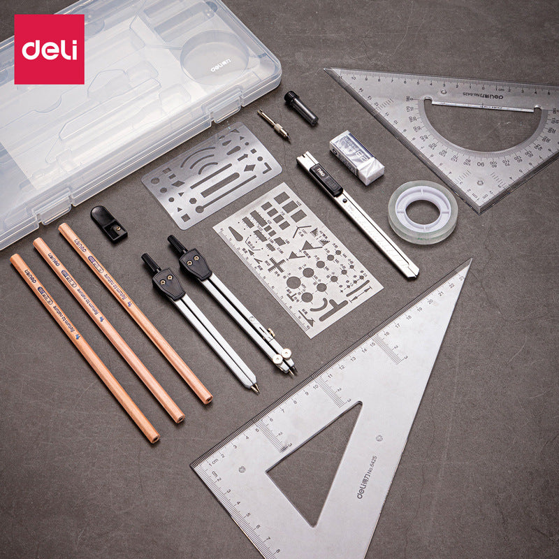 DELI 16 pièces ensemble de dessin de géométrie avec étui de rangement de boussole de règle de crayon