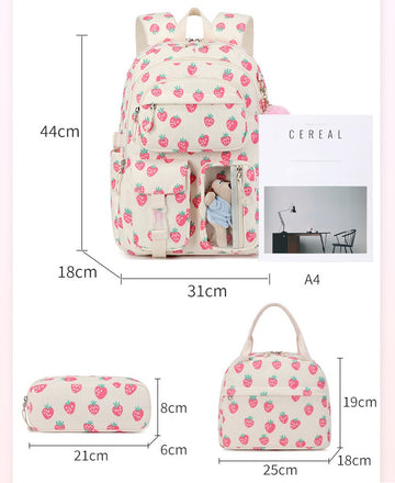 Cute Strawberry Bow & Floral Corduroy Backpack Set – 3-Piece School Bag for Girls