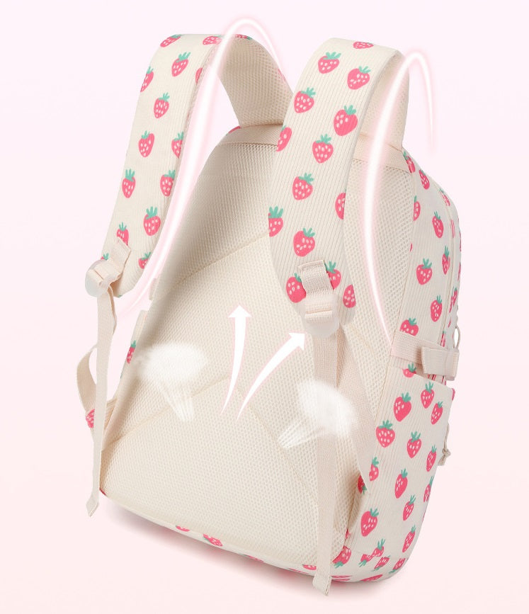 Cute Strawberry Bow & Floral Corduroy Backpack Set – 3-Piece School Bag for Girls