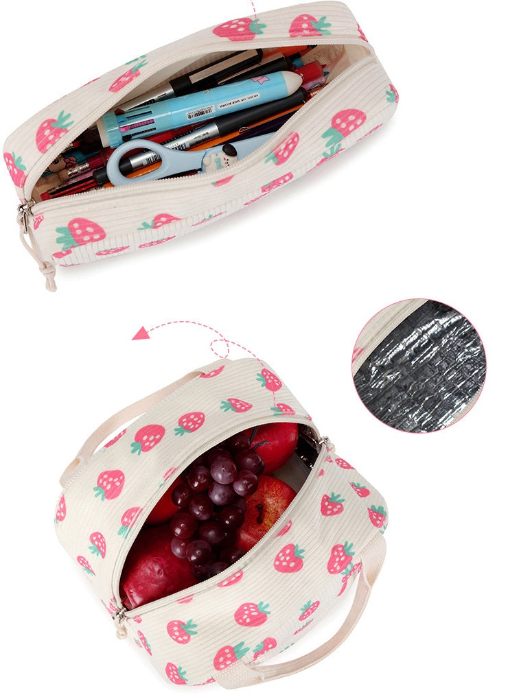 Cute Strawberry Bow & Floral Corduroy Backpack Set – 3-Piece School Bag for Girls