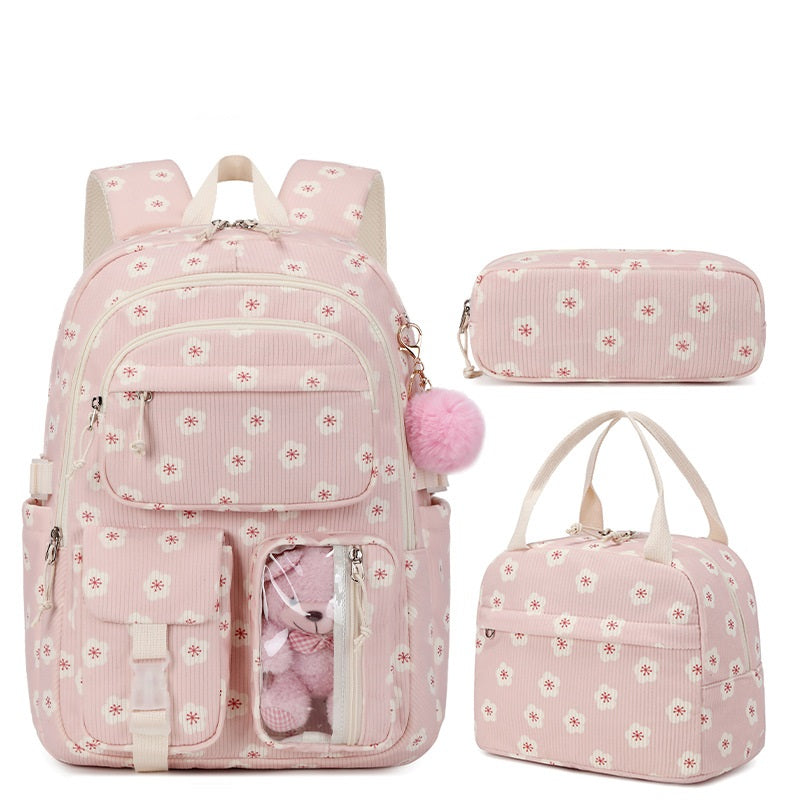 Cute Strawberry Bow & Floral Corduroy Backpack Set – 3-Piece School Bag for Girls Pink Flower