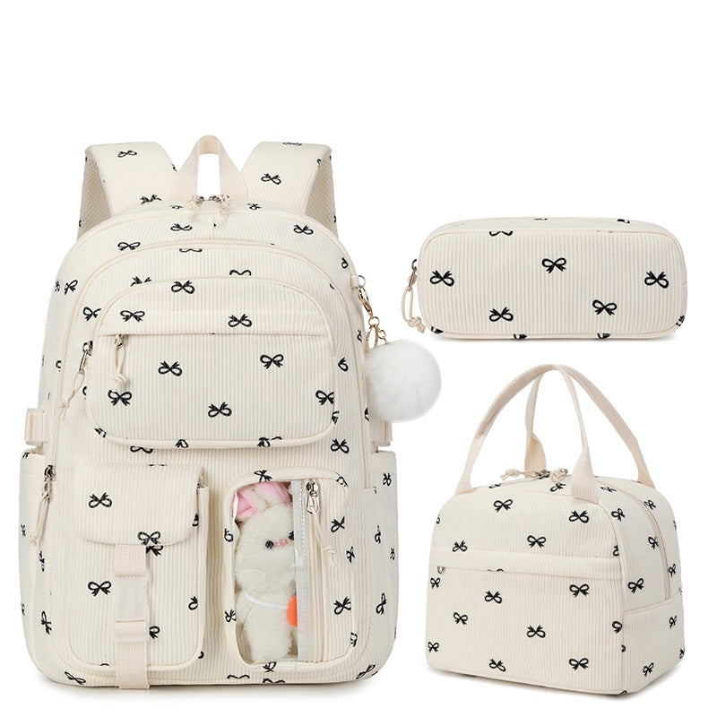 Cute Strawberry Bow & Floral Corduroy Backpack Set – 3-Piece School Bag for Girls Black Bow