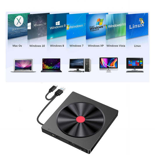 5-in-1 External CD/DVD Drive with SD/TF Card Reader | USB 3.0 & Type-C | Plug & Play | Universal for Laptop & PC