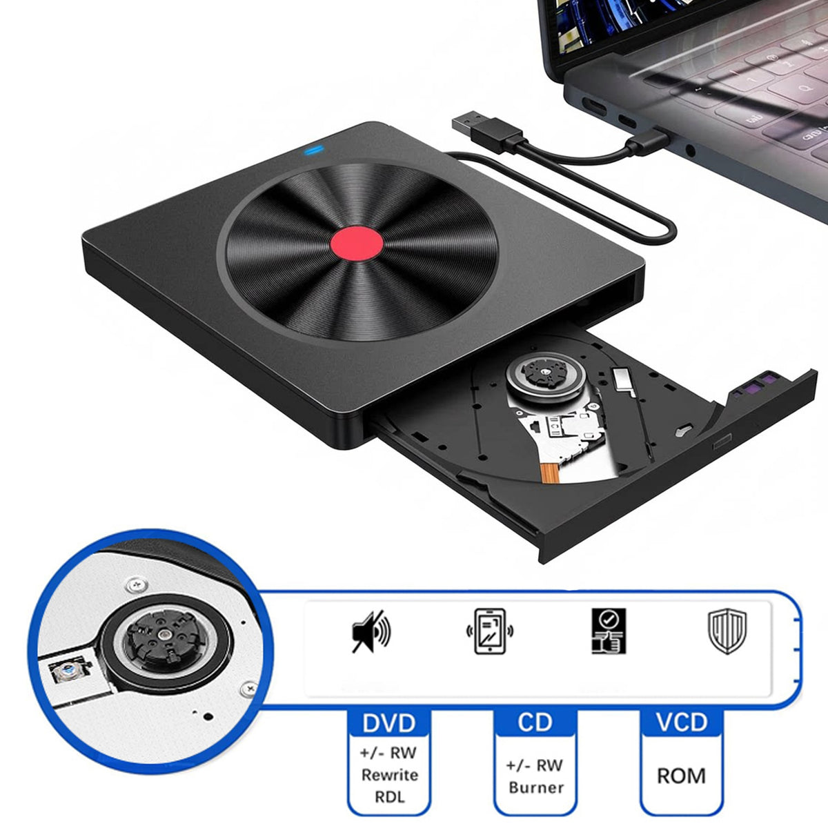 5-in-1 External CD/DVD Drive with SD/TF Card Reader | USB 3.0 & Type-C | Plug & Play | Universal for Laptop & PC