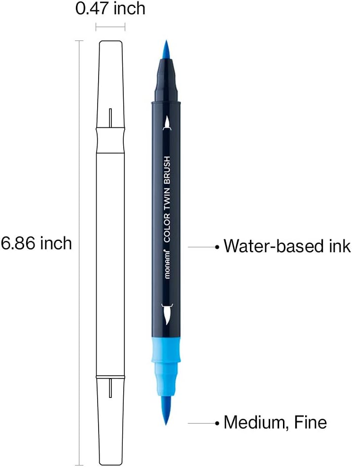 MONAMI Color Twin Brush Marker Pens,Ocean Blue & Violet 6-Pack