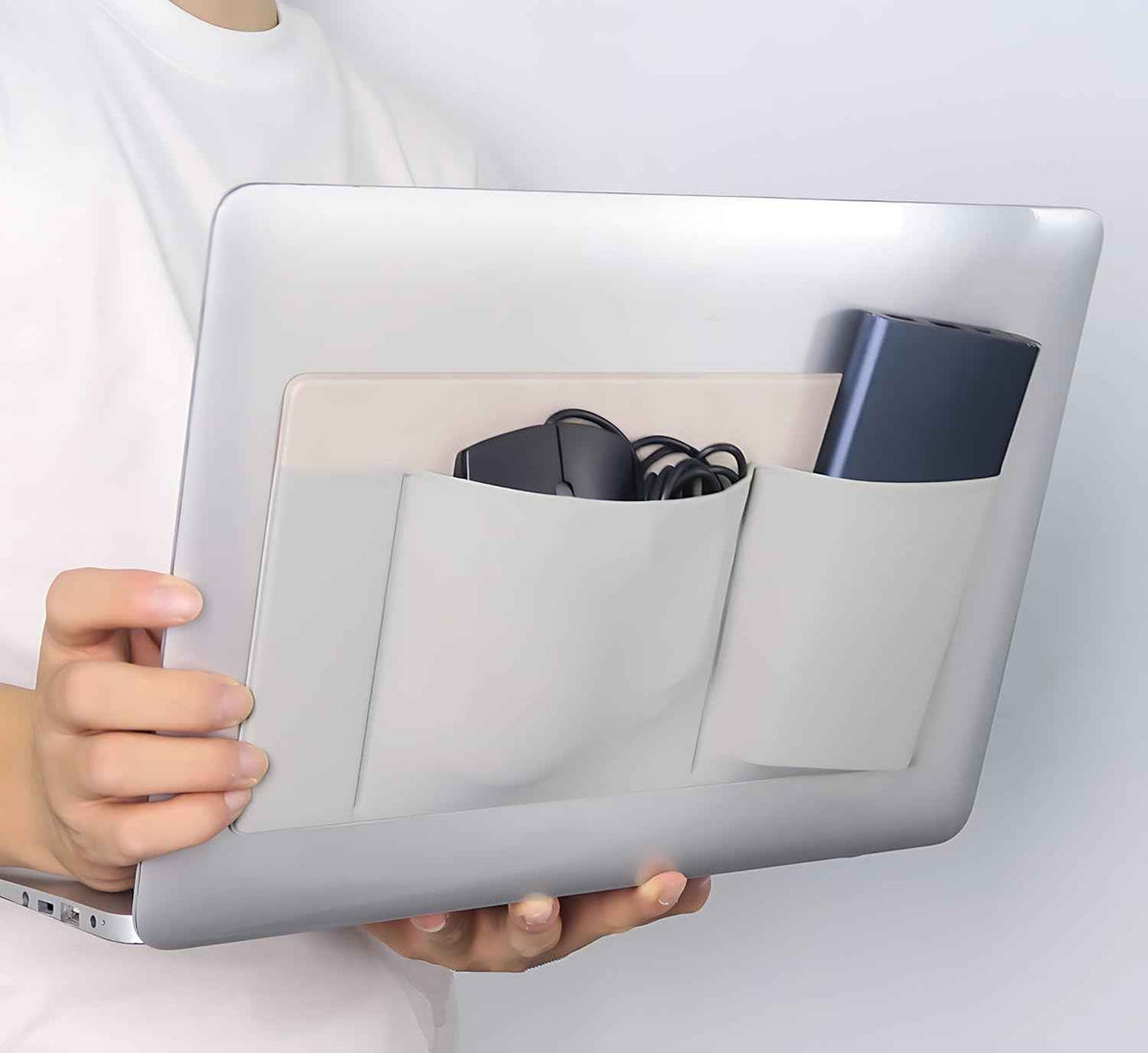 3-Pocket Organizer, Mouse Holder for Laptop Stick on Grey