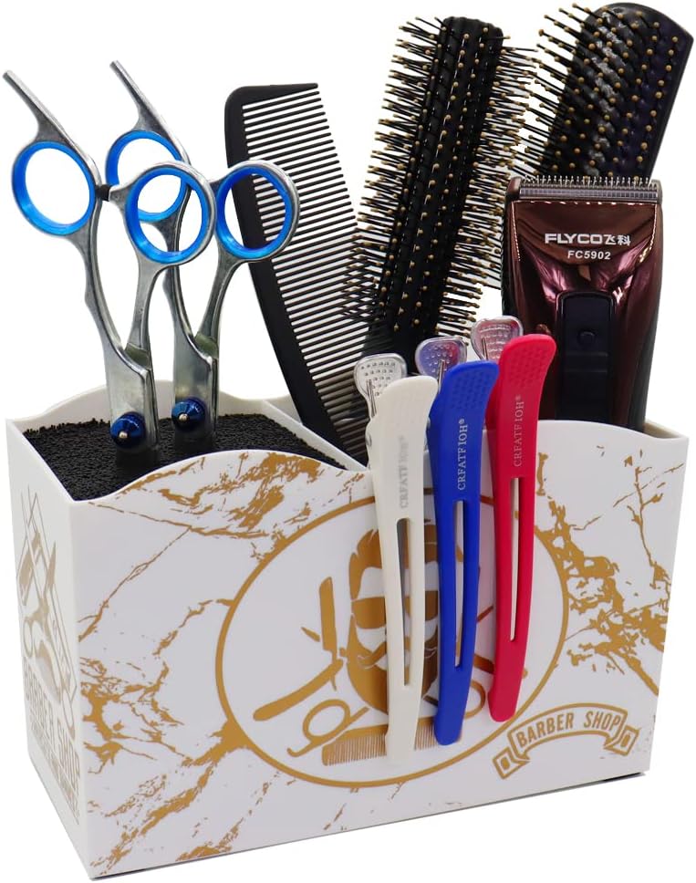 Caja organizadora de escritorio con soporte para peine, tijeras y tijeras de peluquero, 5 compartimentos