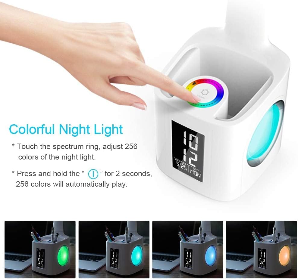 Led Desk Lamp Pen Holder with USB Charging Clock Calendar RGB Light