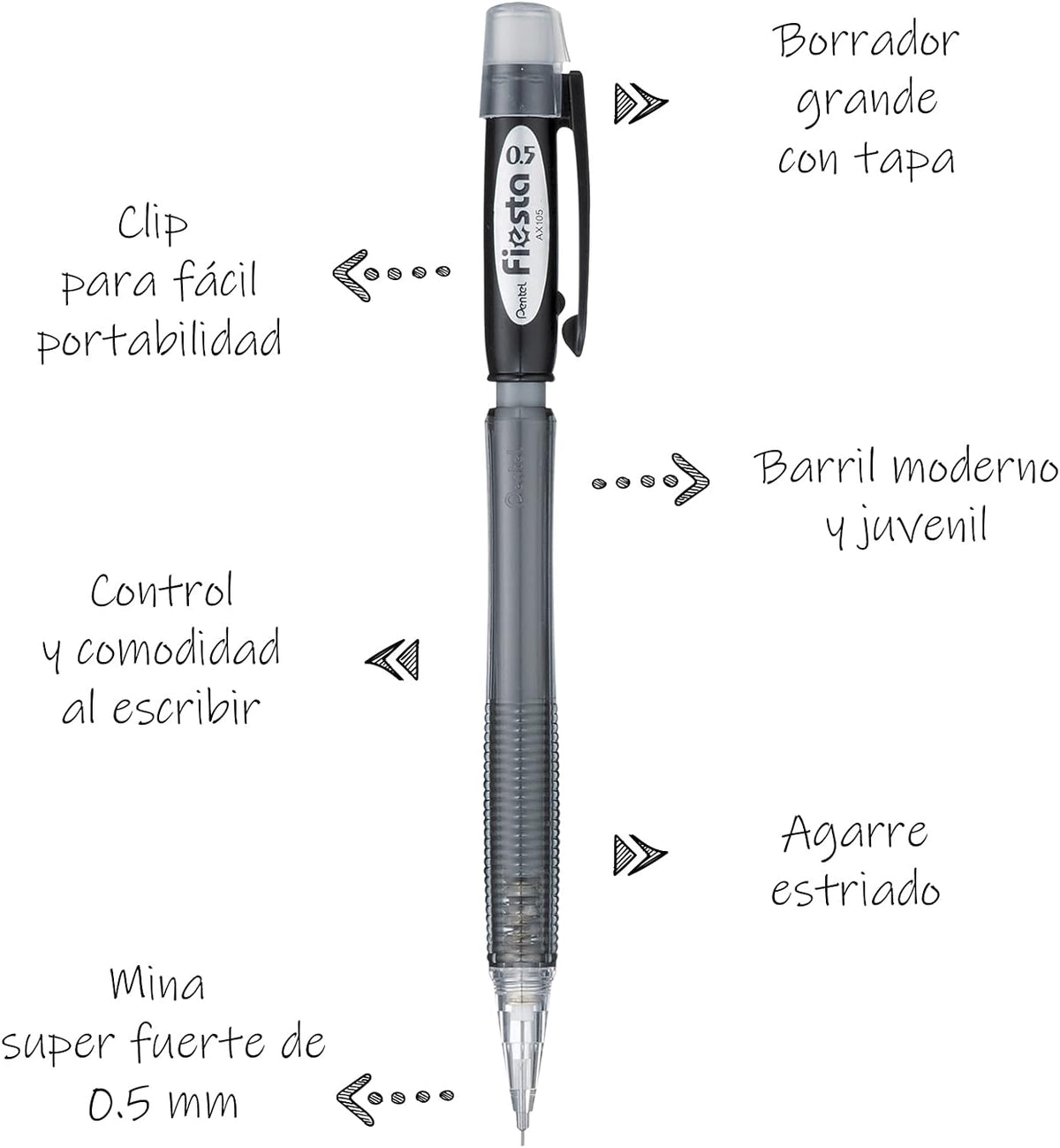 Pentel AX105 Fiesta Portaminas automático, 0,5 mm HB, paquete de 5