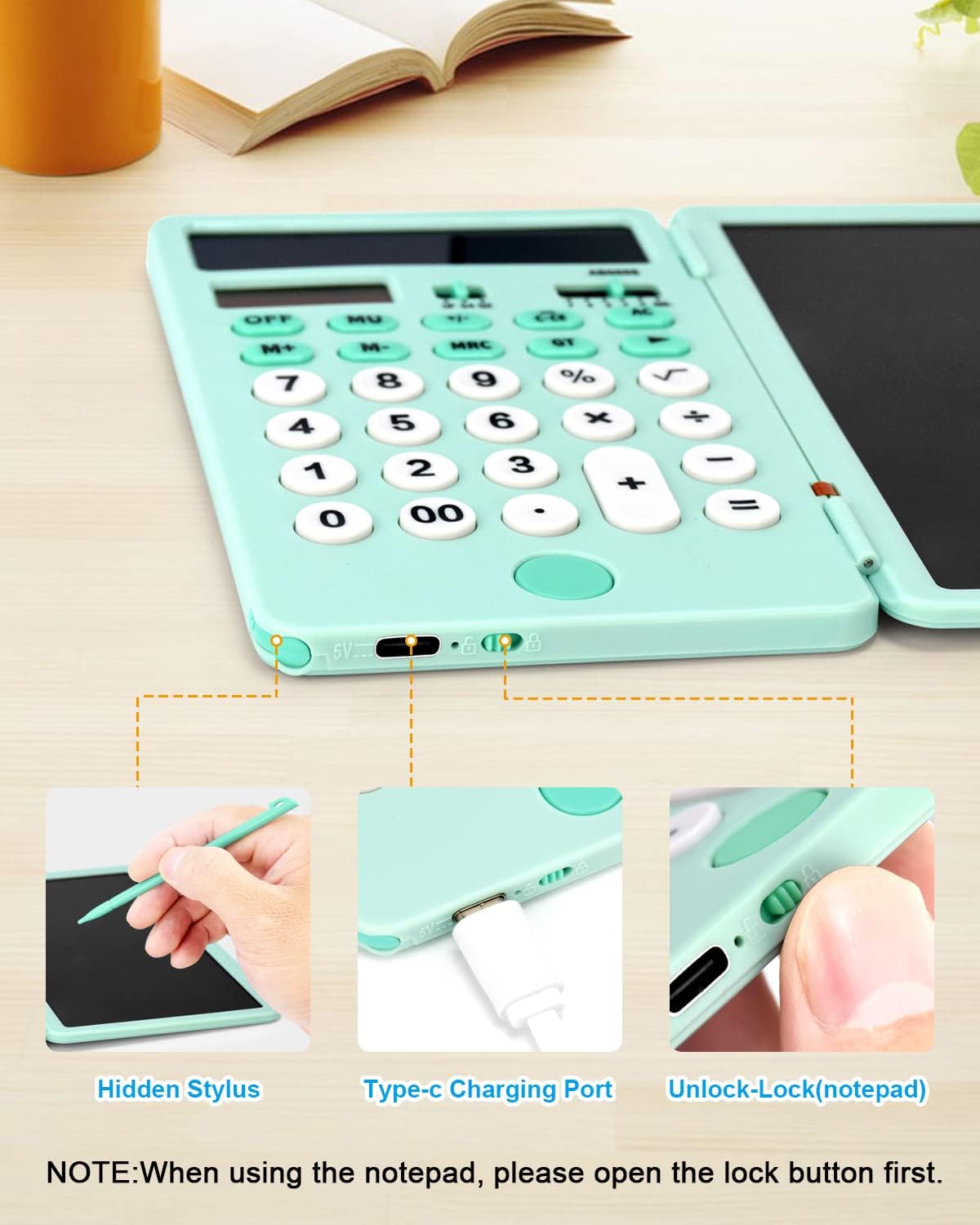 Calculadora con tableta de escritura LCD recargable y energía solar