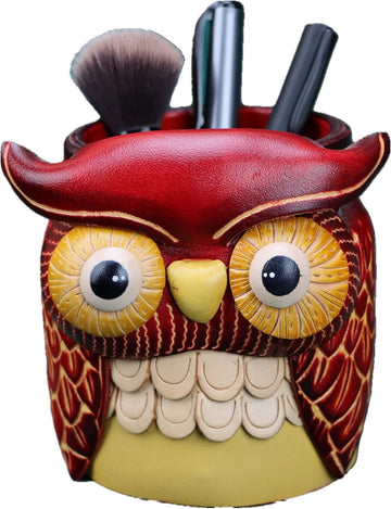 Leather Cowhide Owl Desktop Decorative Pen Holder Organizer Red