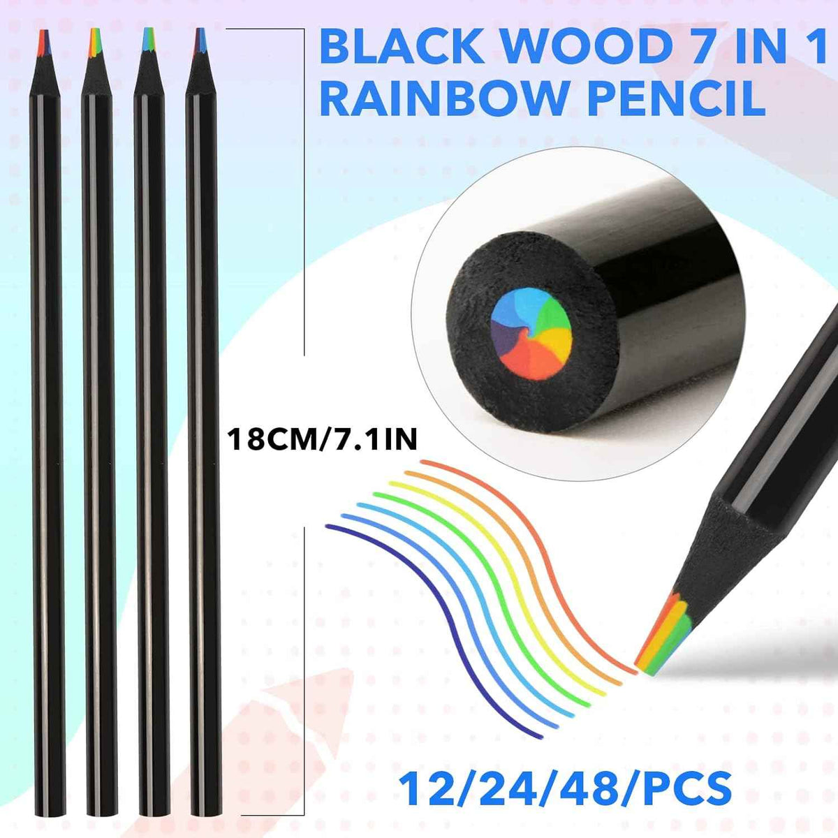 12 Stück schwarze 7-in-1-Kunst-Zeichenstifte aus Holz in Regenbogenfarben
