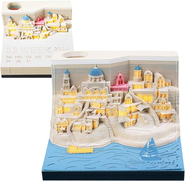 2024 Time Piece Santorini 3D Kalender Memo Pad med LED-lys