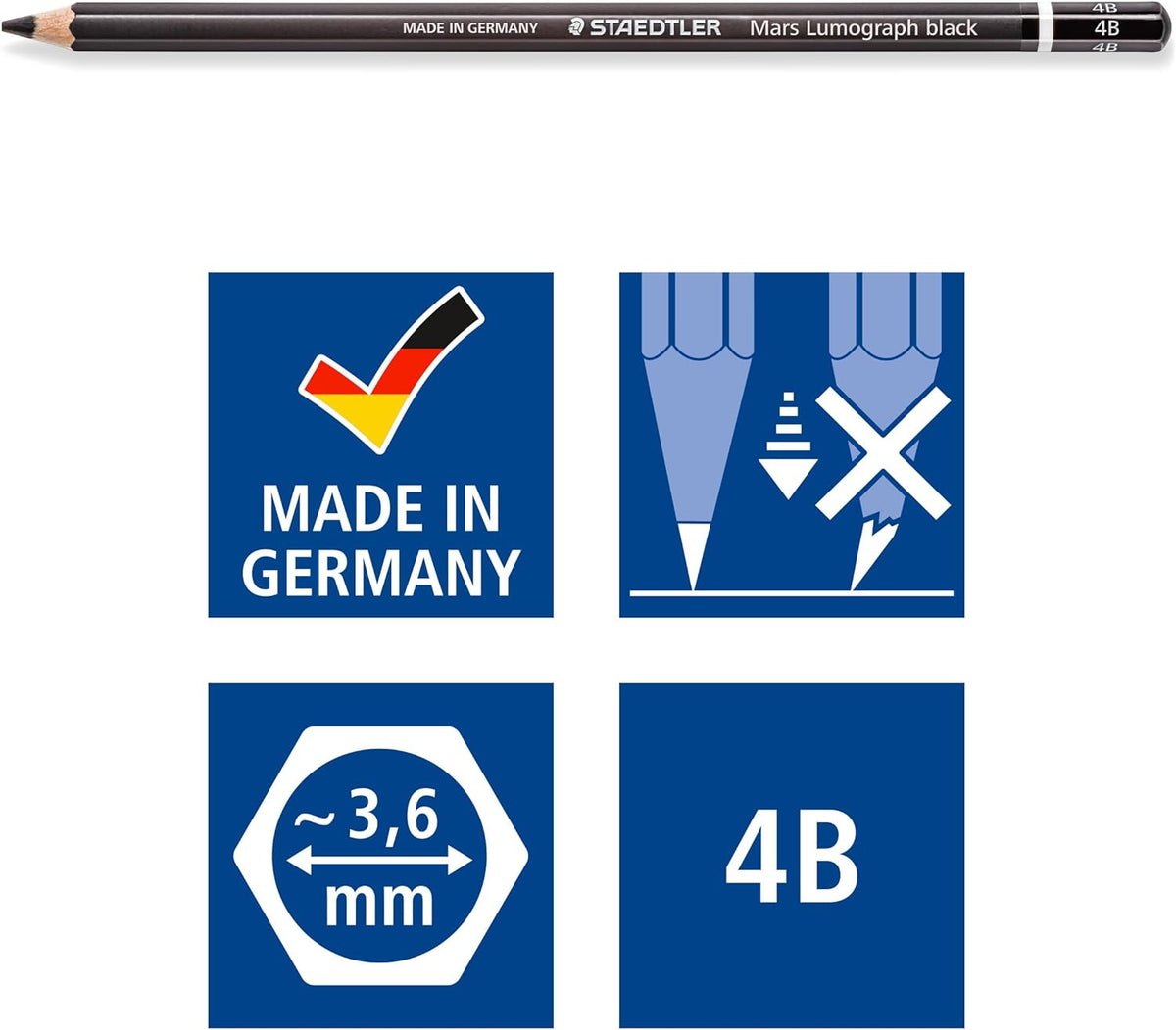 STAEDTLER Mars Lumograph zwarte kunstpotloden, 100B-4B, 12 stuks