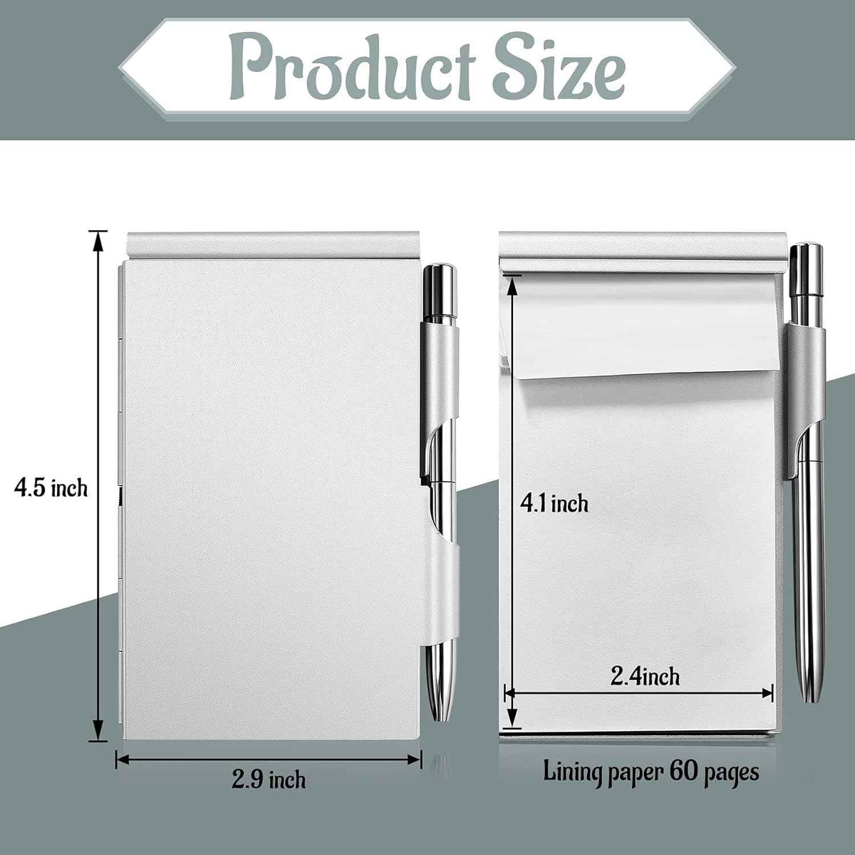 2 Pieces Metal Pocket Notebook with Pen and Refillable Paper 2 Silver