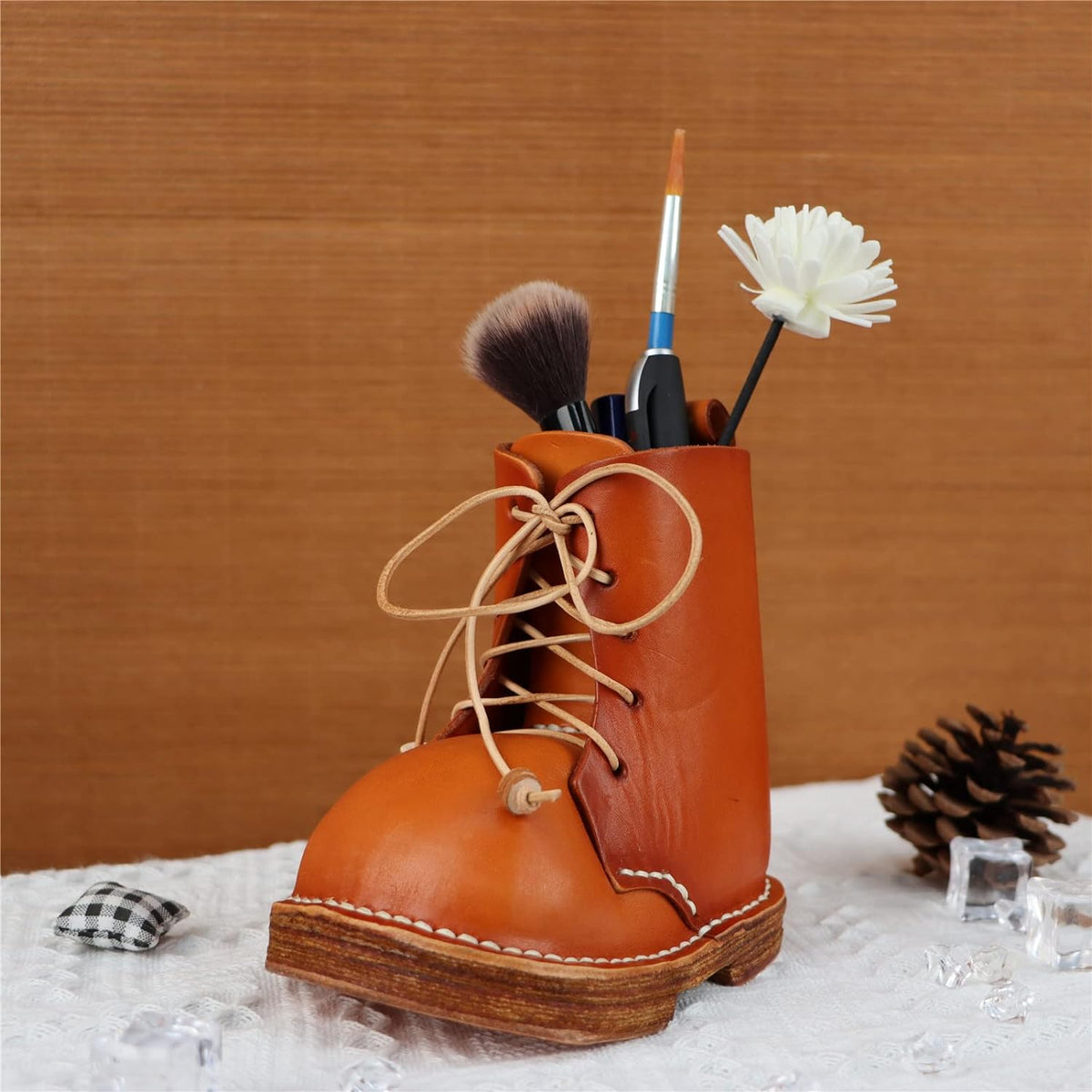 Leather Cowhide Shoes Desktop Decorative Pen Holder Organizer Brown