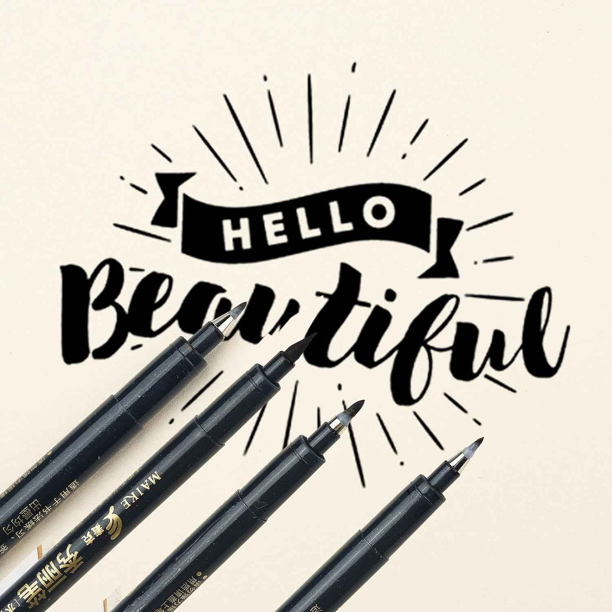 MAIKE 4 Size Calligraphy Brush Pens Water Based Black Ink Marker Set