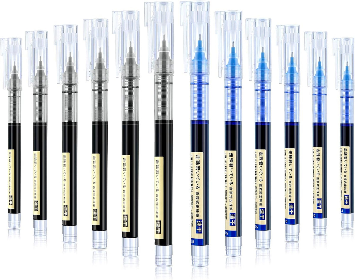 12Pcs Rolling Ball Pens Quick-Drying Liquid Ink 0.5 mm Extra Fine Point 6 Black + 6 Blue
