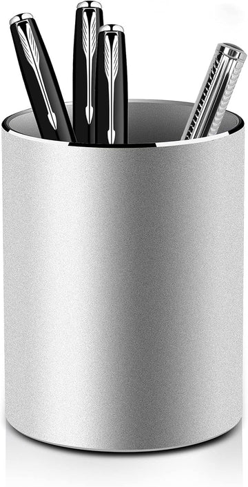 Round Desk Metal Pen Holder Aluminum Pencil Holder Silver