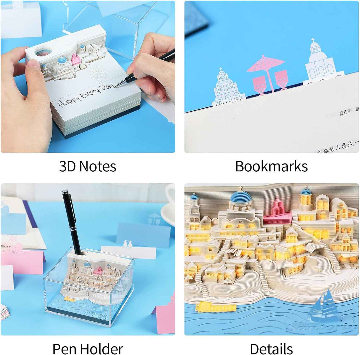 2024 Time Piece Santorini 3D Kalender Memo Pad med LED-lys