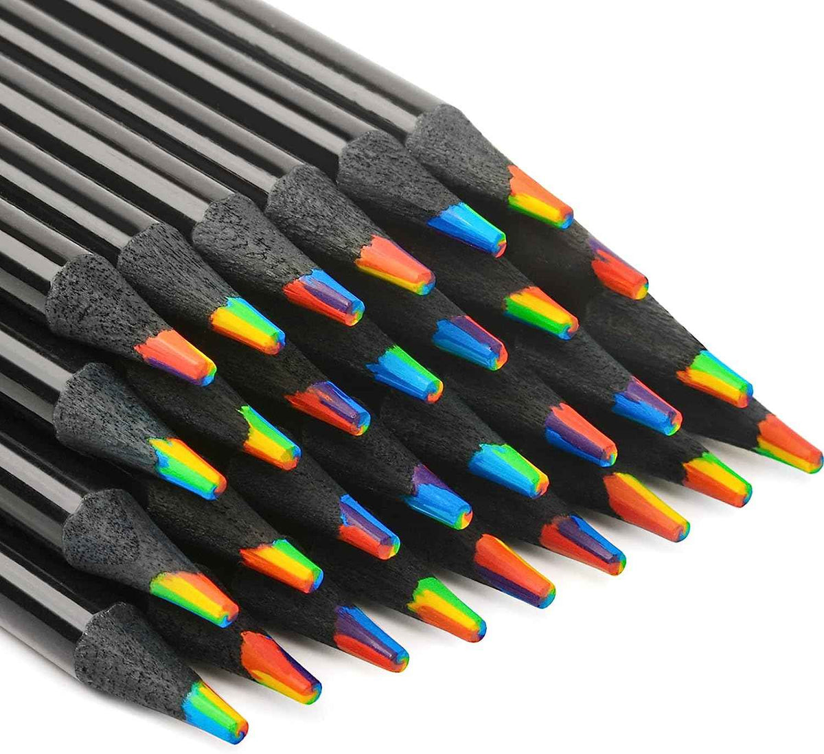 12 Stück schwarze 7-in-1-Kunst-Zeichenstifte aus Holz in Regenbogenfarben