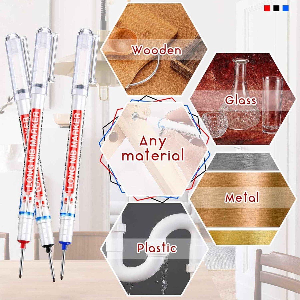6PCS Deep Drill Hole Long Nib Waterproof Marker Pens Red Black Blue