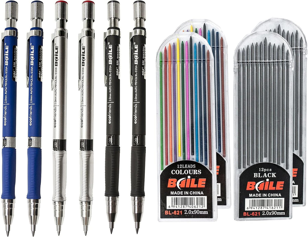 BAILE Portaminas de 2 mm con recambios de minas de color, paquete de 10