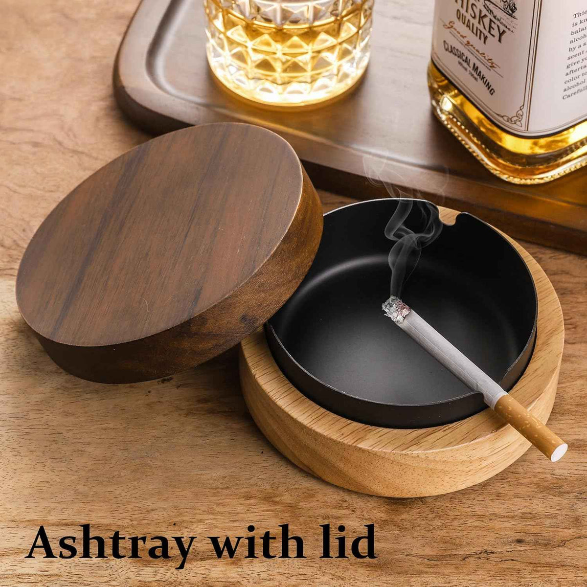 Wooden Stainless Steel Ashtray for Cigarettes with Lid