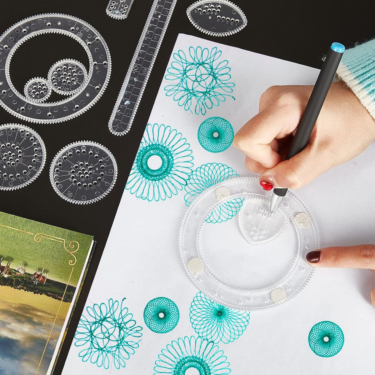 Spiral Art Gear Drawing Circle Template with Pen Paper Ruler
