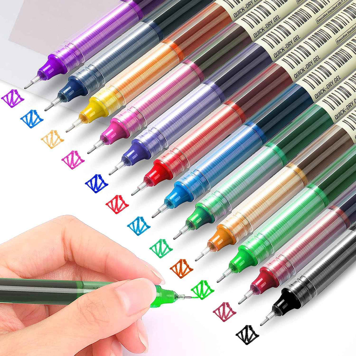 12 kleuren sneldrogende vloeibare inkt rollerballpennen 0,5 mm fijne punt