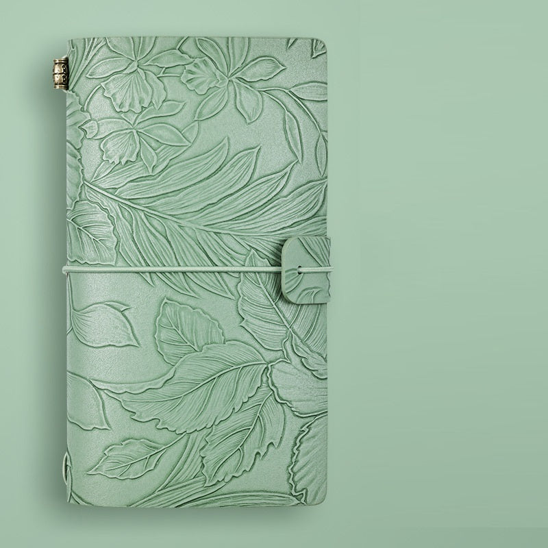 Vintage A6 Journal Notebook – Soft PU Leather Printed Cover, Elastic Closure, 192 Pages (96 Sheets) Green