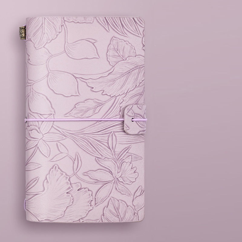 Vintage A6 Journal Notebook – Soft PU Leather Printed Cover, Elastic Closure, 192 Pages (96 Sheets) Purple