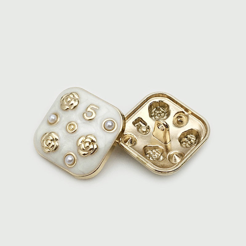 10/16/21mm Square Metal Buttons Number 5 Flower Pearl 12pcs White