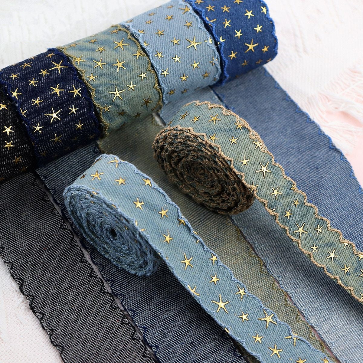 1/1.5 Inch Vintage Denim Star Embroidered Ribbon 10 Yards