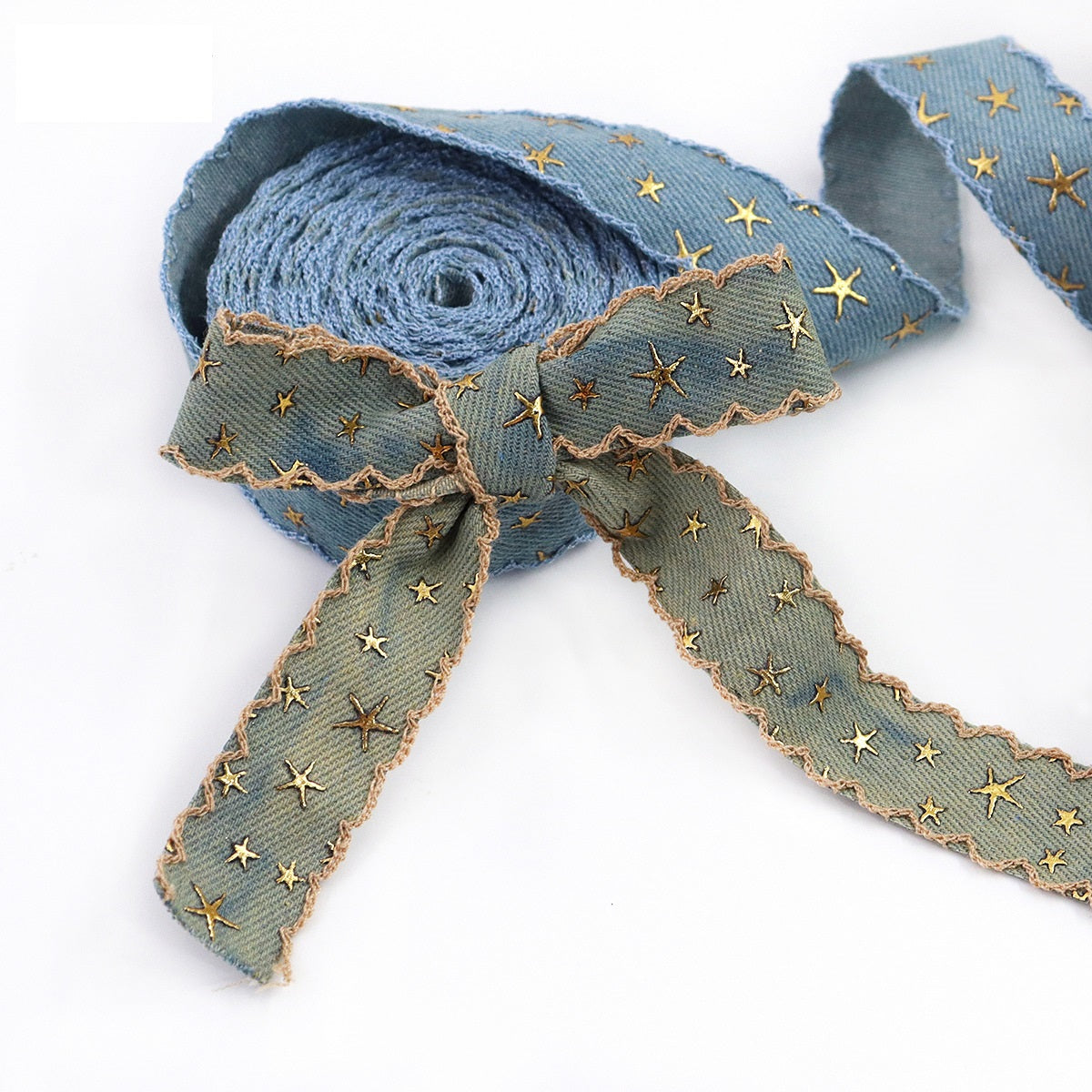 1/1.5 Inch Vintage Denim Star Embroidered Ribbon 10 Yards