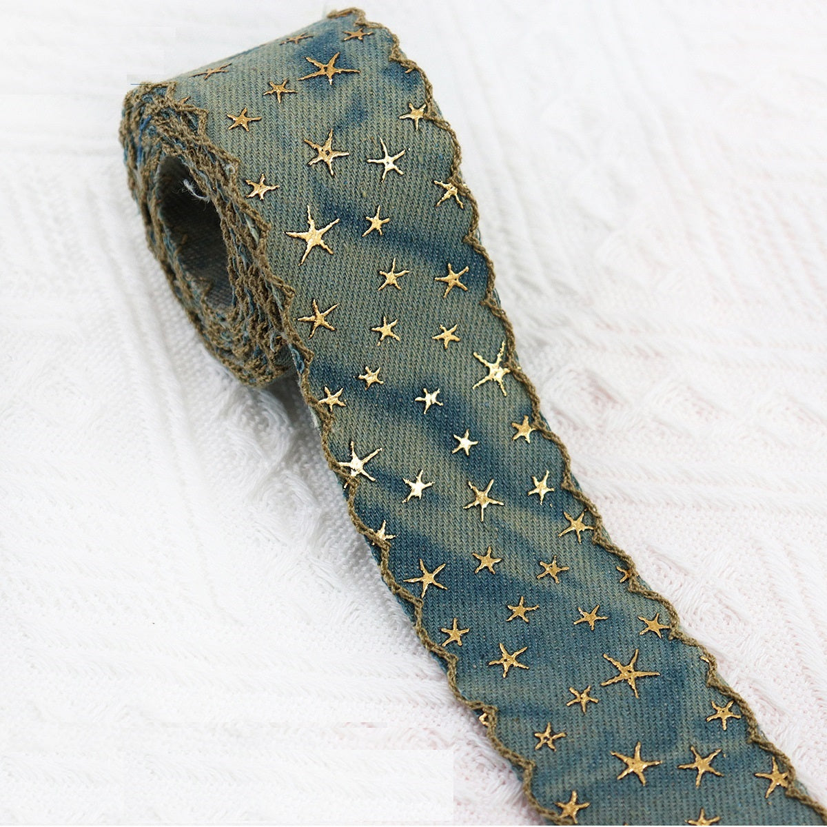1/1.5 Inch Vintage Denim Star Embroidered Ribbon 10 Yards Rust Blue