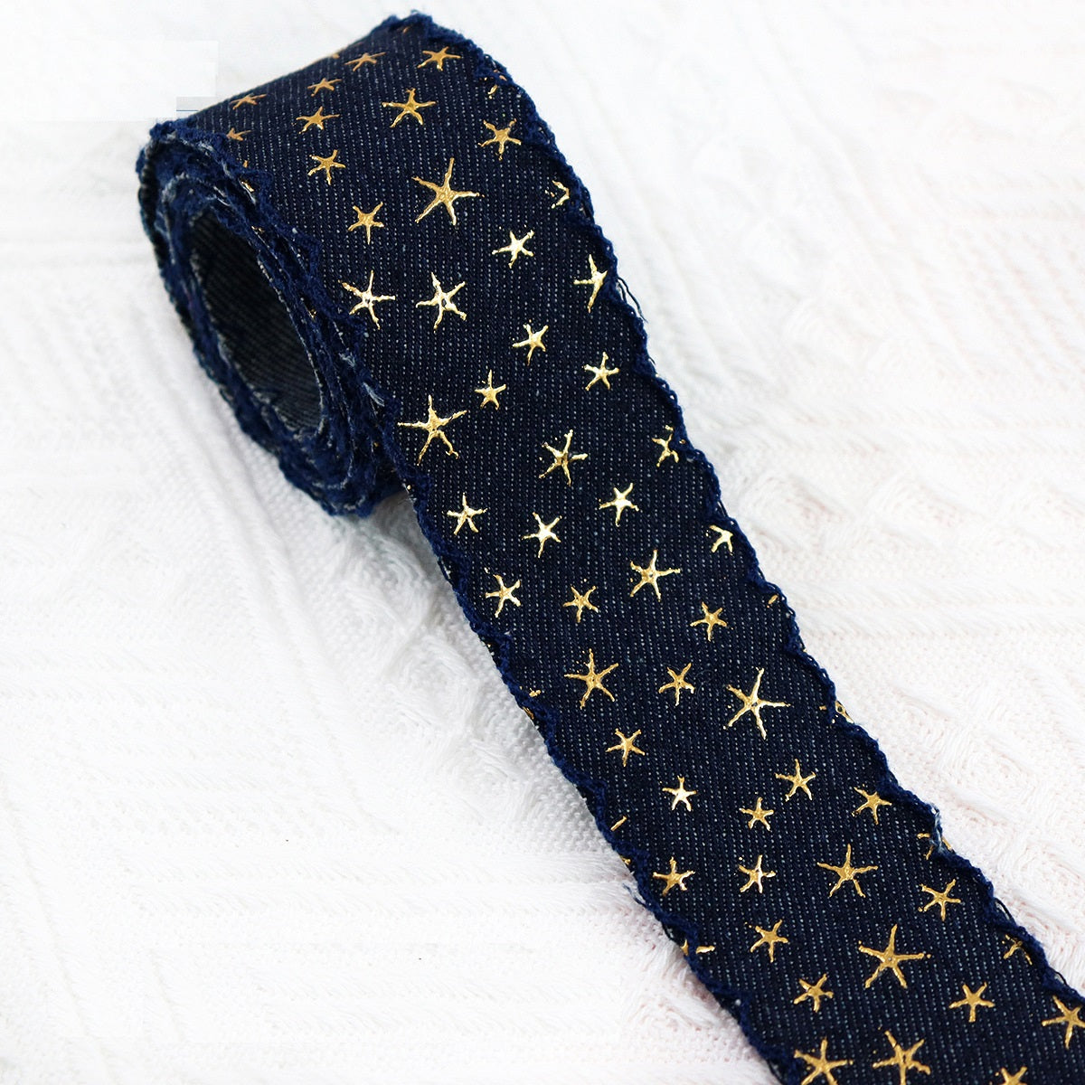 1/1.5 Inch Vintage Denim Star Embroidered Ribbon 10 Yards Dark Blue