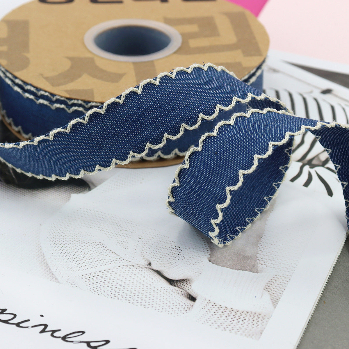 1/1.5 Inch Lace Edged Denim Ribbon 5 Yards Beige