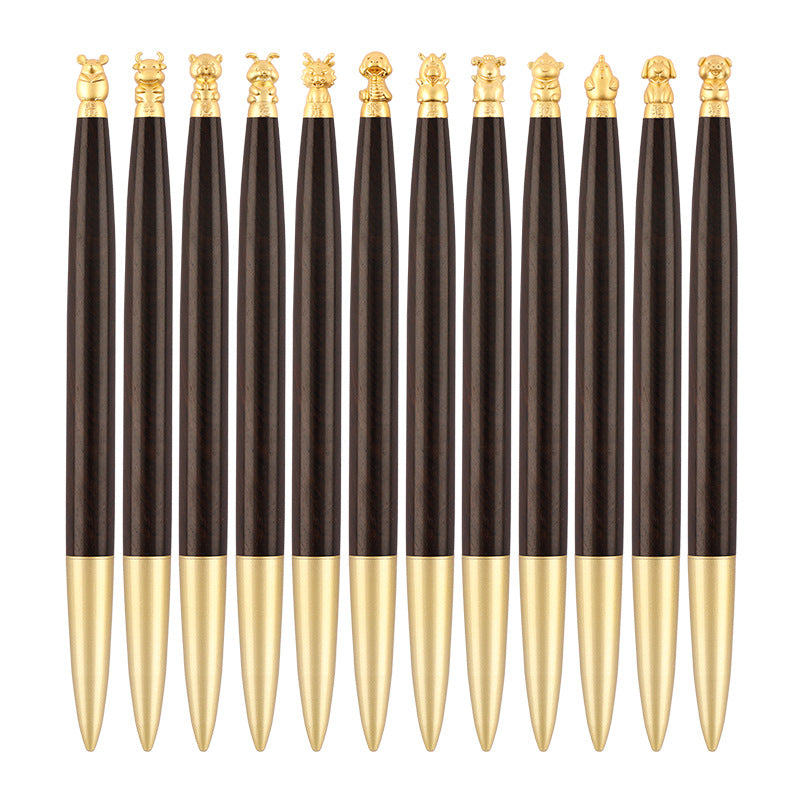 Brass Chinese Zodiac Lucky Sandalwood Gel Pen | 0.5mm Black Ink | Set of 12 Black