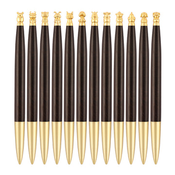 Brass Chinese Zodiac Lucky Sandalwood Gel Pen | 0.5mm Black Ink | Set of 12 Black