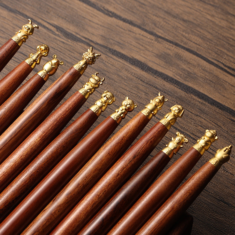 Brass Chinese Zodiac Lucky Sandalwood Gel Pen | 0.5mm Black Ink | Set of 12