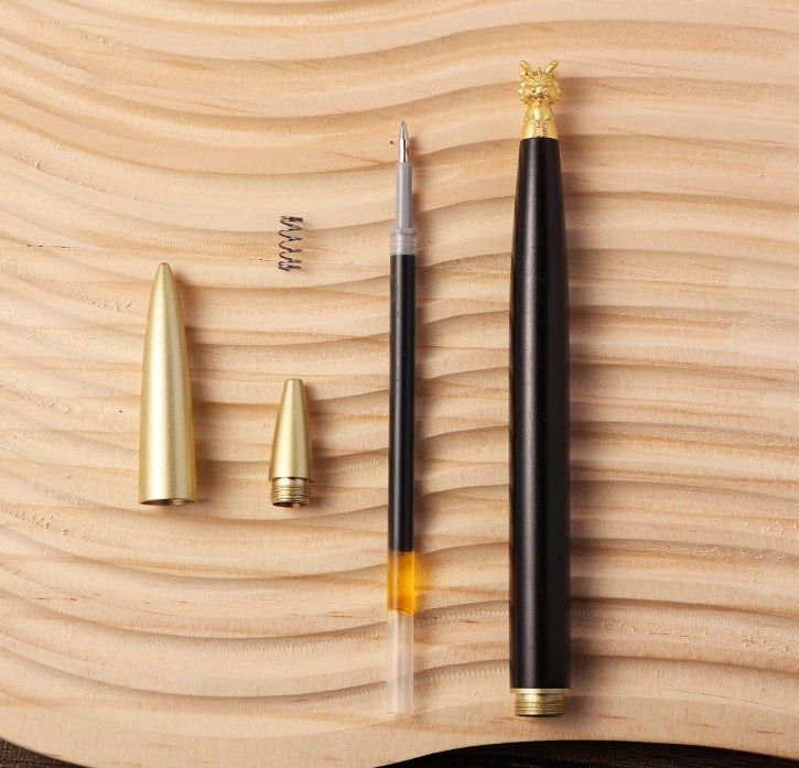 Brass Chinese Zodiac Lucky Sandalwood Gel Pen | 0.5mm Black Ink | Set of 12