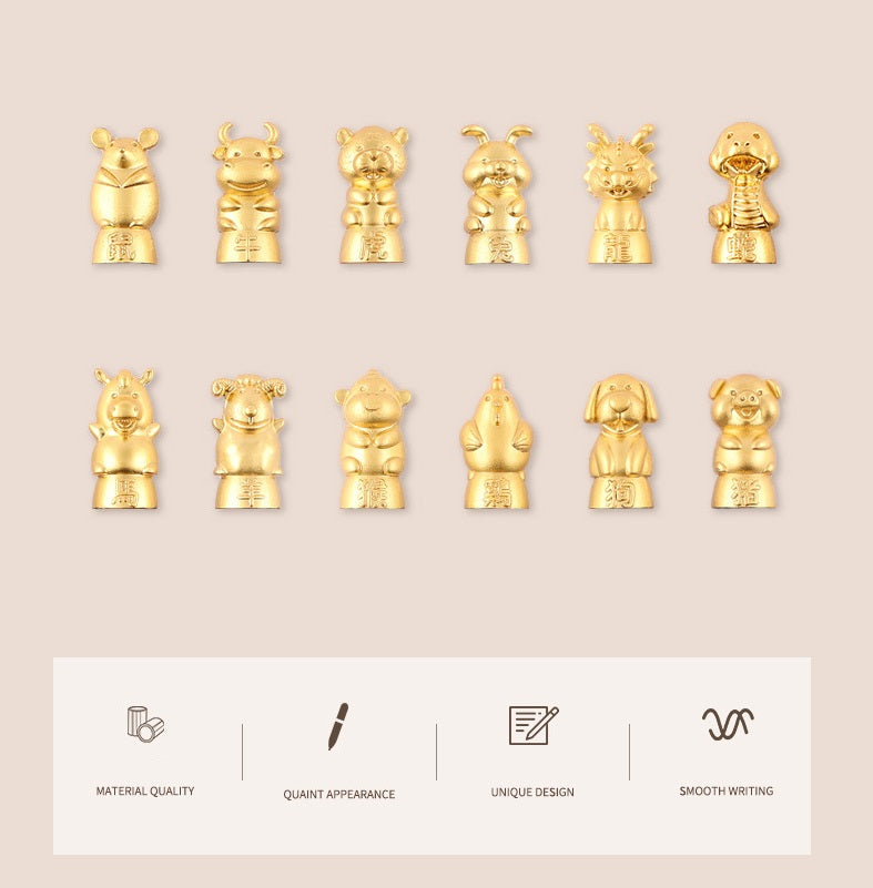 Brass Chinese Zodiac Lucky Sandalwood Gel Pen | 0.5mm Black Ink | Set of 12