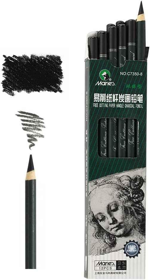 Marie's 12 weiche schwarze Künstlerkohlestifte mit Papiergriff zum Zeichnen und Skizzieren