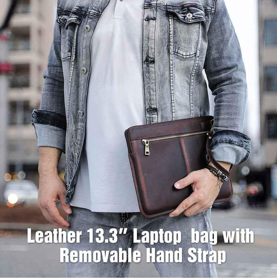 Housse fine en cuir pour ordinateur portable 13,3 pouces avec 2 poches zippées
