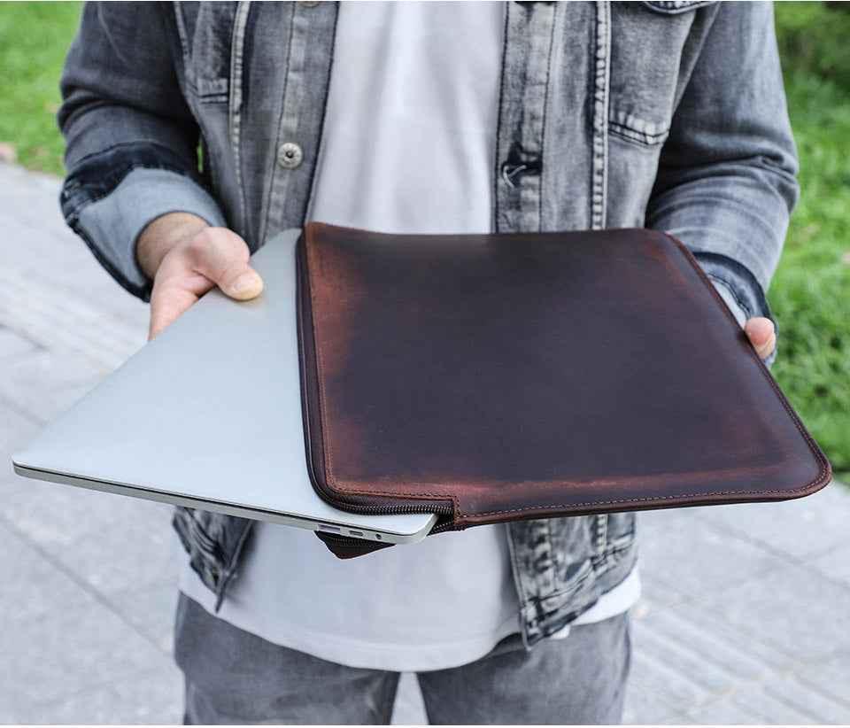 Housse fine en cuir pour ordinateur portable 13,3 pouces avec 2 poches zippées
