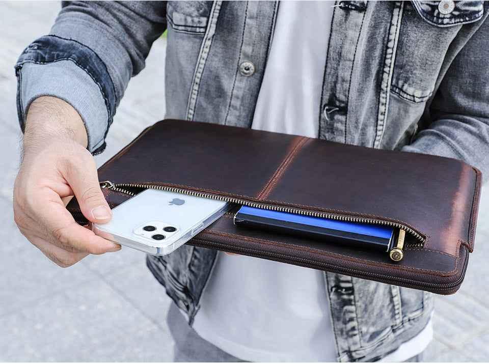 Housse fine en cuir pour ordinateur portable 13,3 pouces avec 2 poches zippées