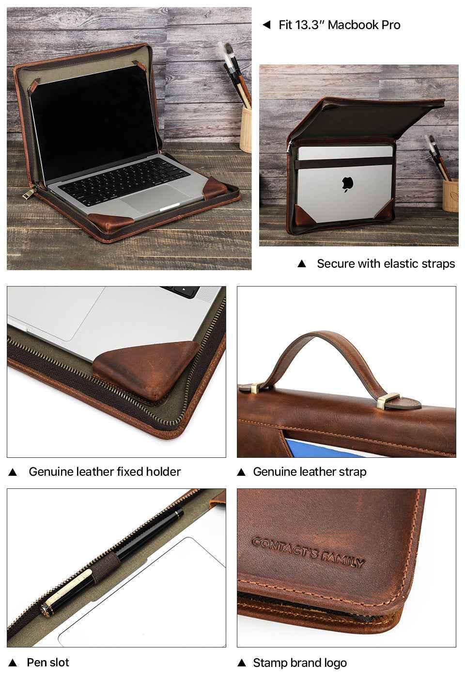 Leather Laptop Zipper Folio Case 13.3 inch for Macbook Pro Air