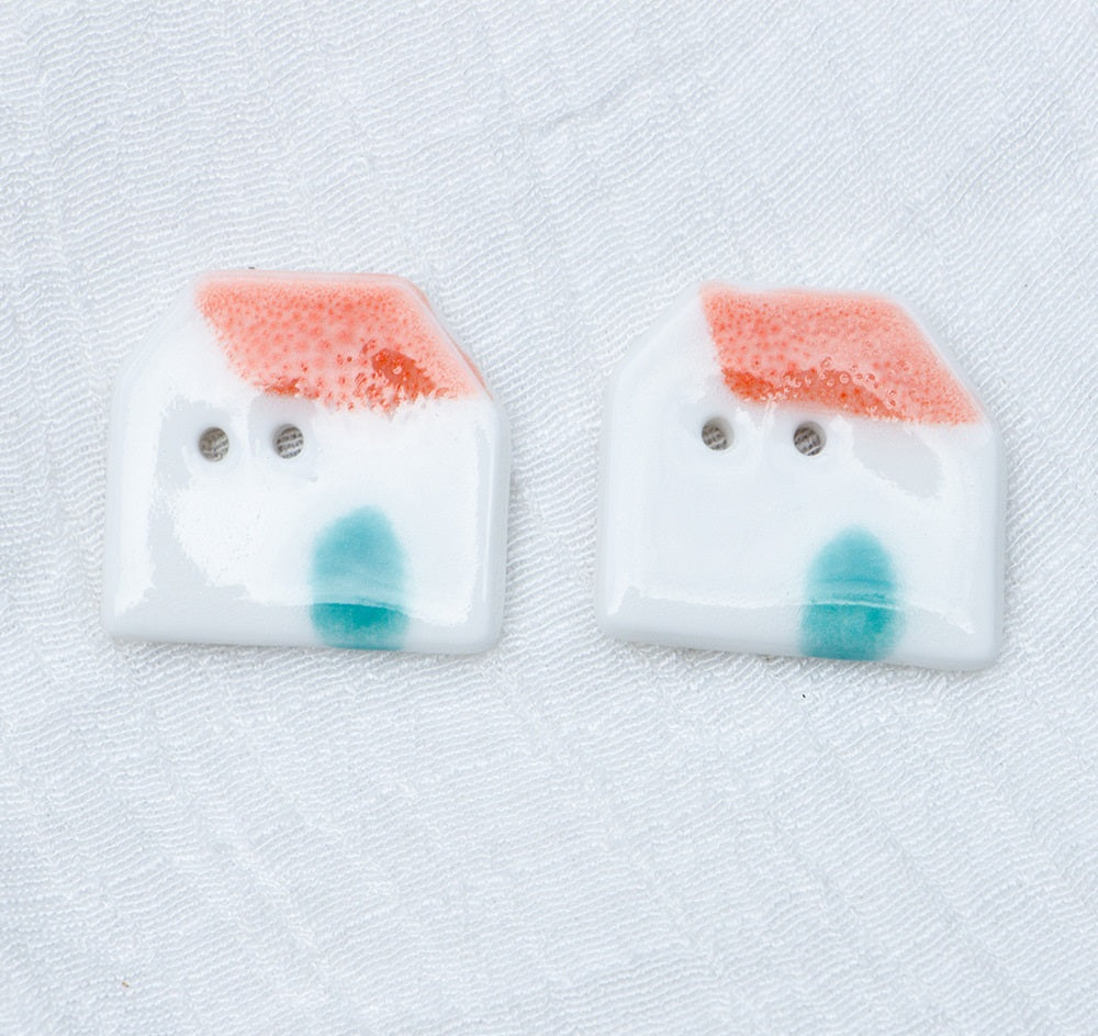 23mm Blue Orange Tile-Roofed Small House Handmade Ceramic DIY Buttons 6pcs Orange